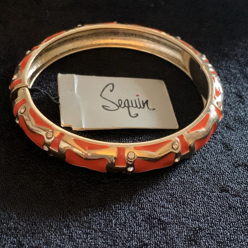 Sequin Orange Enamel and Crystal Hinged Bangle - Picture 2 of 10